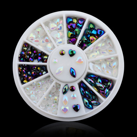 Hot Mix Sizes Nail Art Decorations White Black AB Glitter Nail Rhinestone Pearls Wheel Round Heart Designs Acrylic Flat