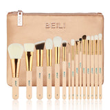 BEILI 15PIECES Pink natural goat hair Synthetic Horse Hair Foundation blusher eye shadow Powder Eyeliner  Makeup brush set