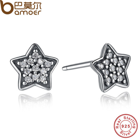 BAMOER Authentic 925 Sterling Silver Five-pointed Star Stud Earrings With Clear CZ Fashion Design Jewelry PAS408