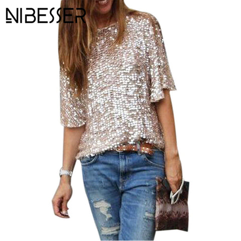 Women's Fashion Sequined Short Sleeve Top